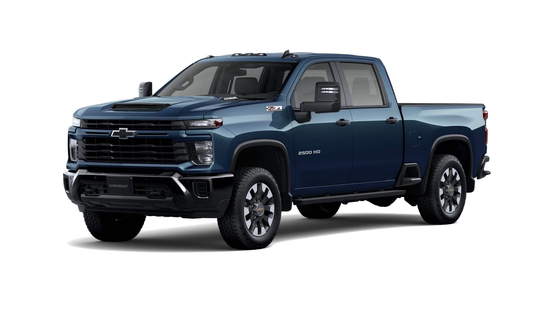 2026 Chevrolet Silverado 2500 HD Custom in Lakeshore Blue Metallic — front three-quarter view